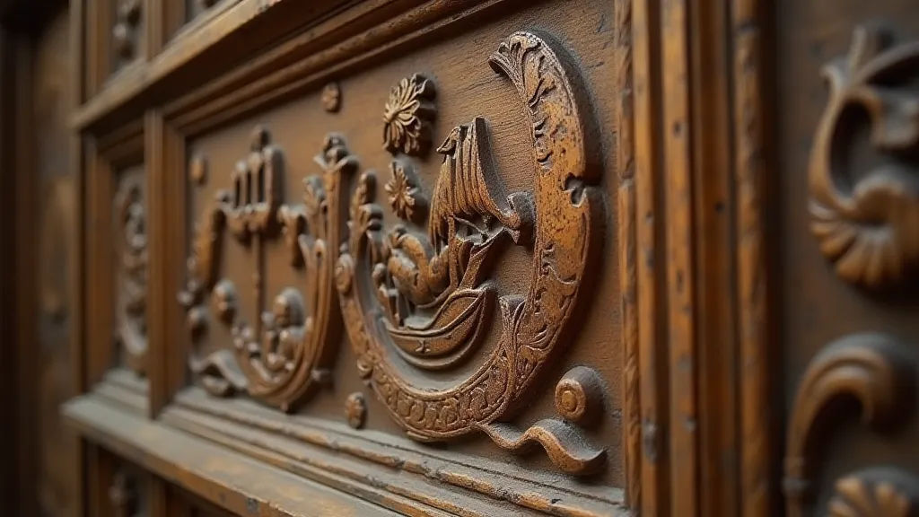 Detailed carving on aged wood