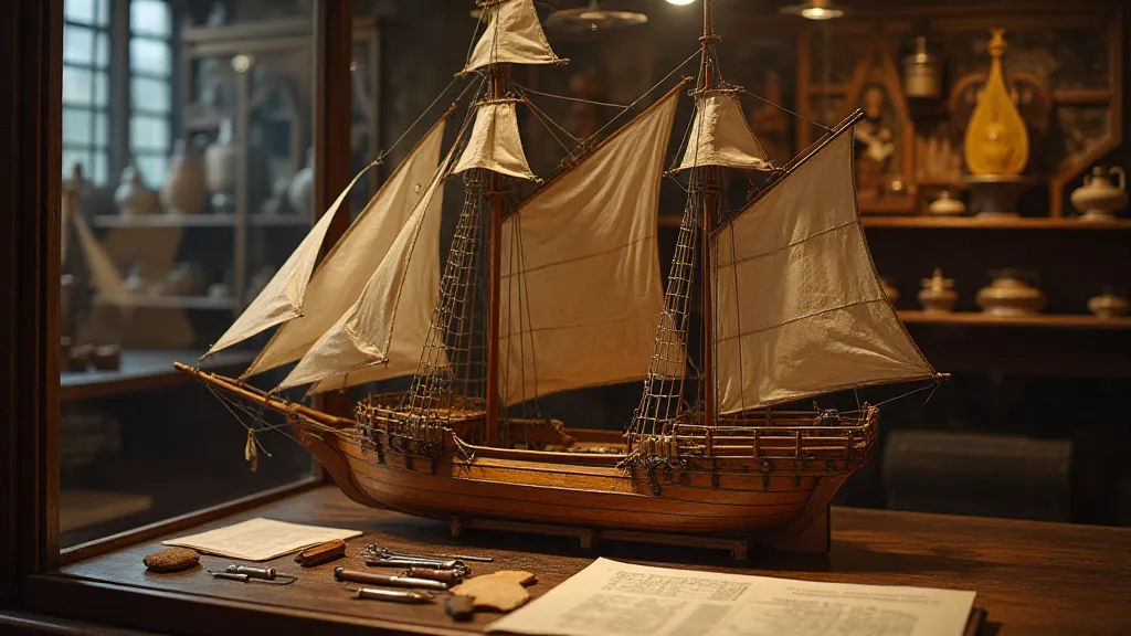 Antique wooden model ship display