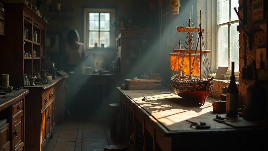 Model ship on antique workbench