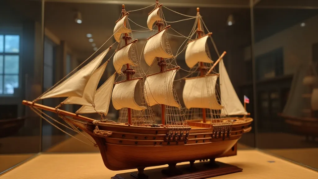 Completed wooden model ship on a display stand.