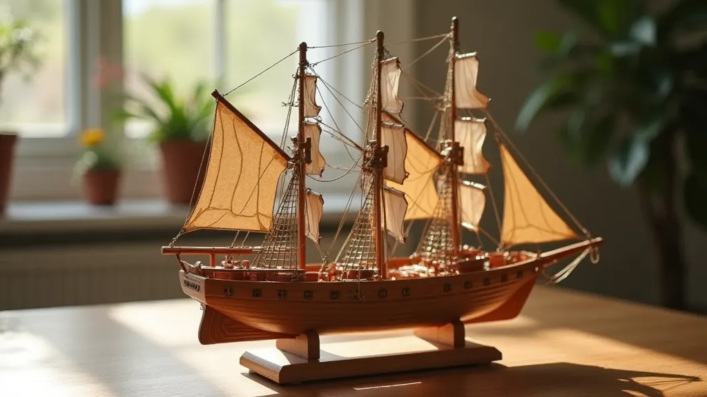 Finished wooden model ship on display