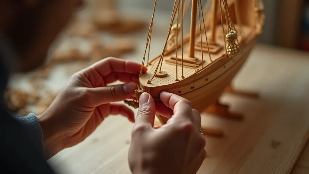 Craftsman carefully gluing a plank onto a model ship hull.