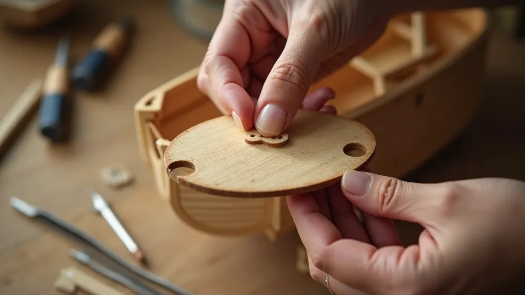 Hands carefully gluing a model ship plank