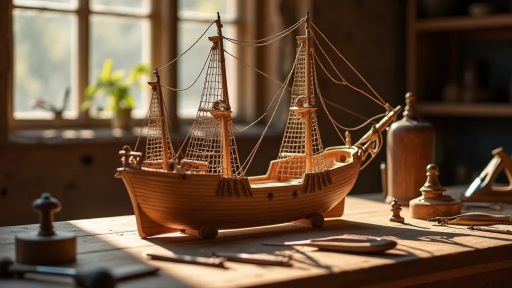 A partially completed wooden model ship in a workshop.