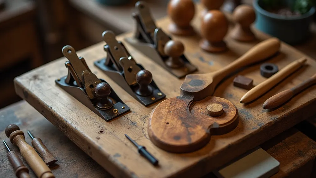 Traditional woodworking tools on a workbench