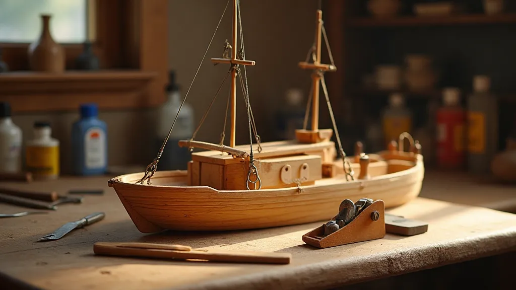 Workbench with a wooden model ship under construction.