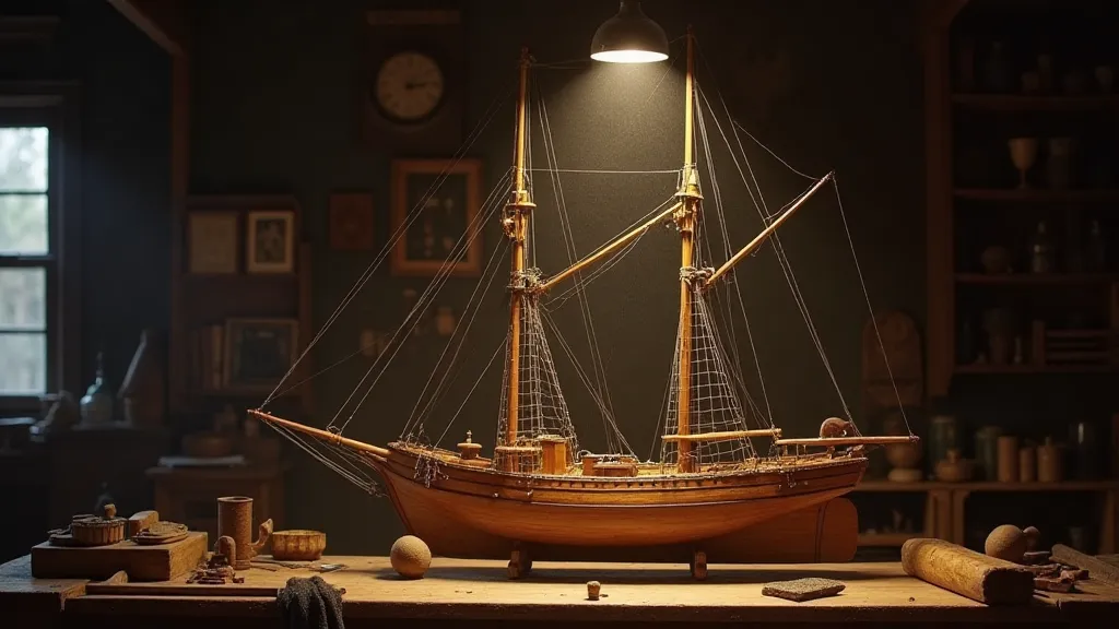 Workshop scene with model ship in progress